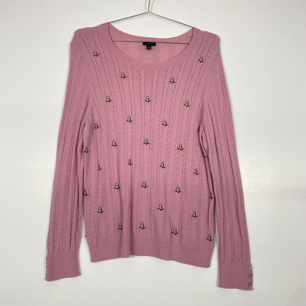 Talbots Sweater Womens XL Petite Pink Owl Embroidered Cable Knit Pullover Novelt